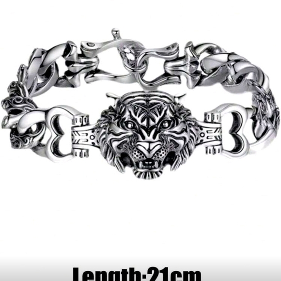 Men's Stainless Steel Silver Tiger Head Bracelet 8" - Picture 10 of 11